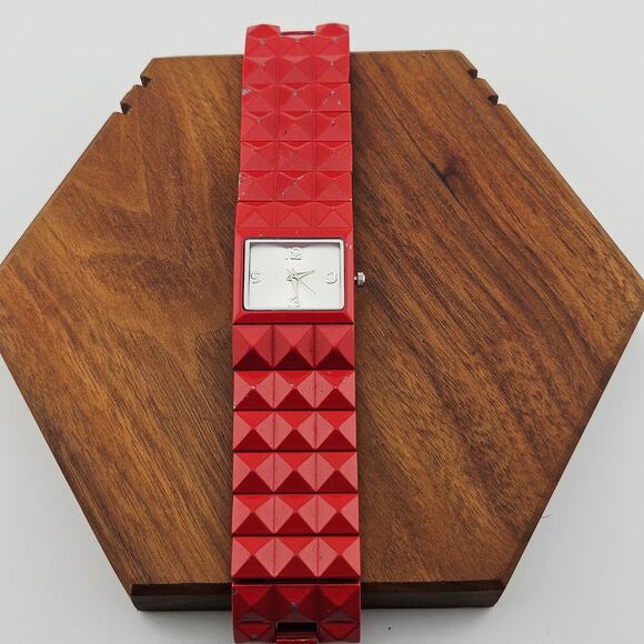 Red Studded Wide Band Bracelet Watch Art Deco Cube Chunky Bold Cosplay Costume - Picture 4 of 7